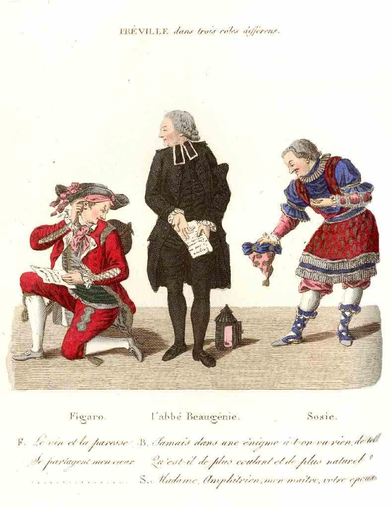 Préville dans trois rôles différens (Figaro, l'Abbé Beaugénie, Sosie)