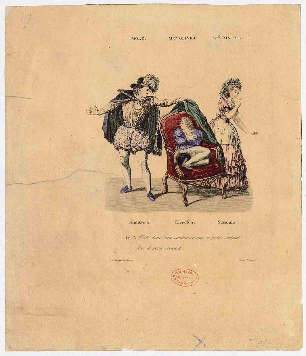 Le Mariage de Figaro (Molé (Almaviva), Mlle Olivier (Chérubin) et Mlle Contat (Susanne))